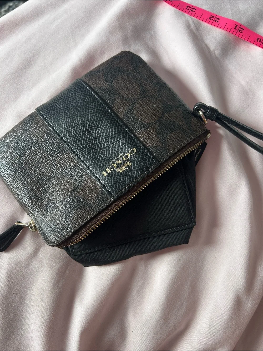 Coach F54429 Signature Canvas Leather Corner Zip Wristlet Brown Black